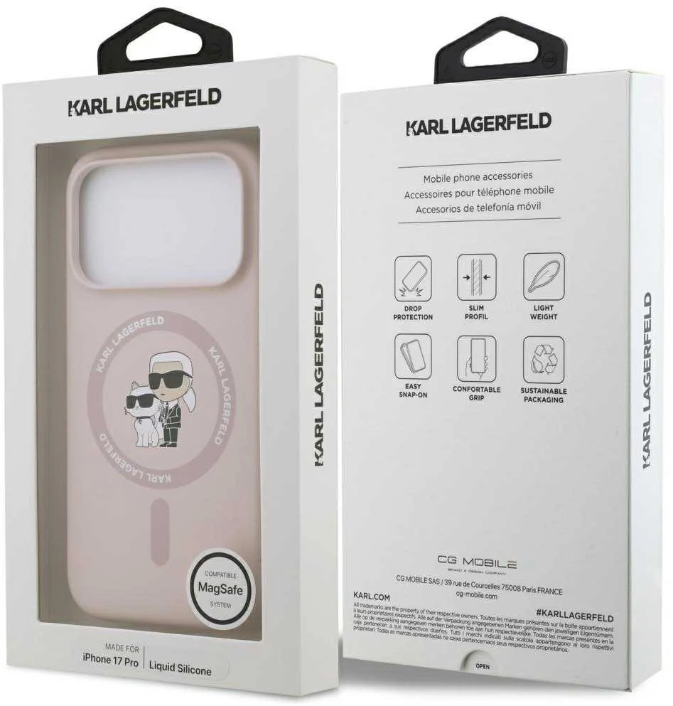 Karl Lagerfeld Liquid Silicone Karl and Choupette MagSafe dėklas skirtas Apple iPhone 17 Pro rožinės spalvos