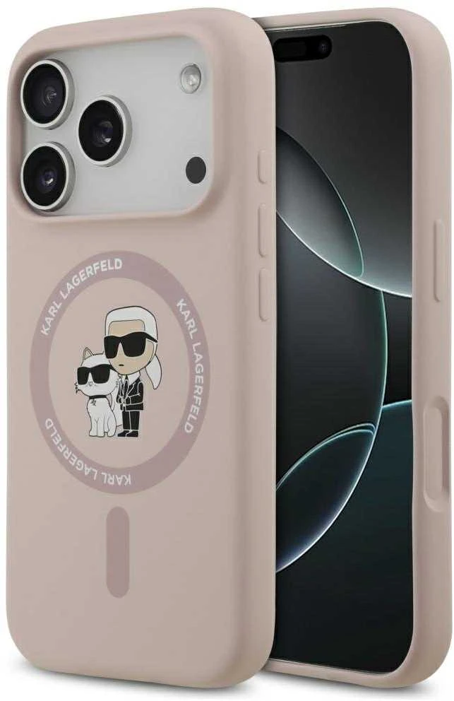 Karl Lagerfeld Liquid Silicone Karl and Choupette MagSafe dėklas skirtas Apple iPhone 17 Pro rožinės spalvos