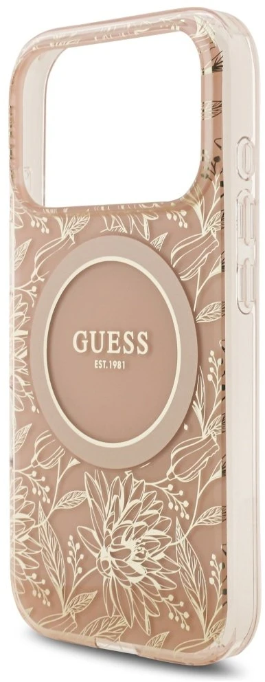 Guess IML Flowers Electro Pearl Strap MagSafe dėklas skirtas Apple iPhone 17 Pro rožinės spalvos