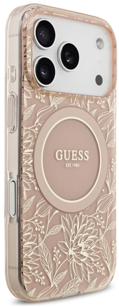 Guess IML Flowers Electro Pearl Strap MagSafe dėklas skirtas Apple iPhone 17 Pro rožinės spalvos