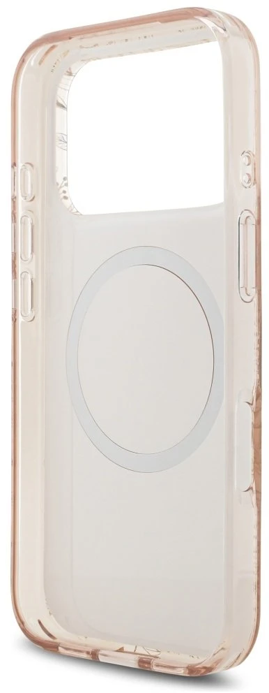 Guess IML Flowers Electro Pearl Strap MagSafe dėklas skirtas Apple iPhone 17 Pro rožinės spalvos