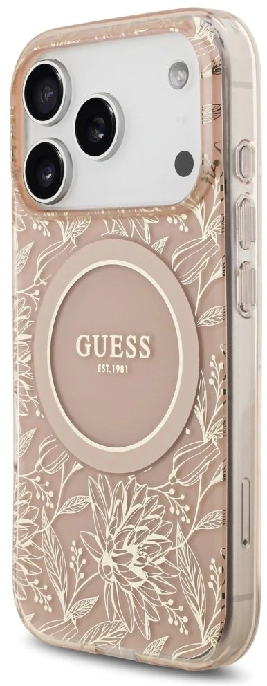 Guess IML Flowers Electro Pearl Strap MagSafe dėklas skirtas Apple iPhone 17 Pro rožinės spalvos