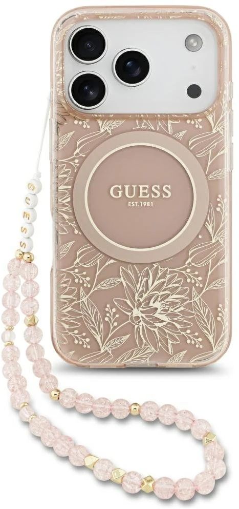 Guess IML Flowers Electro Pearl Strap MagSafe dėklas skirtas Apple iPhone 17 Pro rožinės spalvos