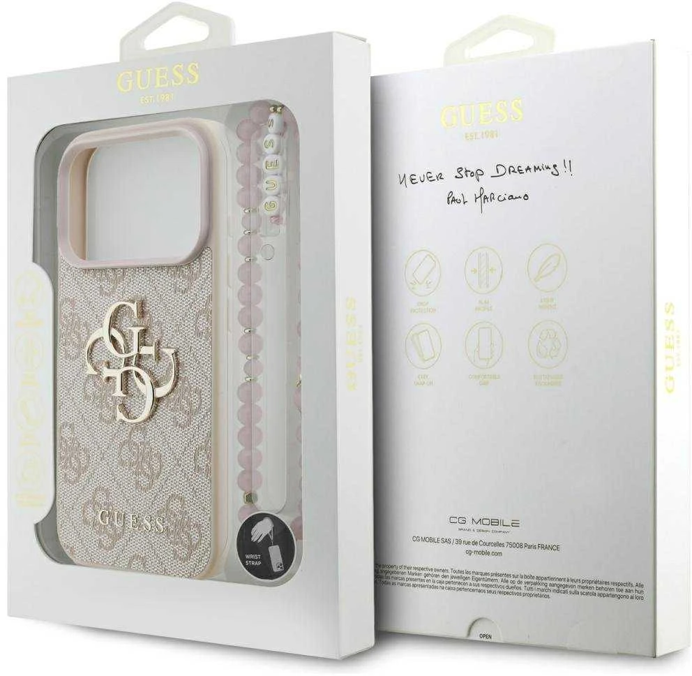 Guess 4G Strap 4G Classic Logo dėklas skirtas Apple iPhone 17 Pro rožinės spalvos