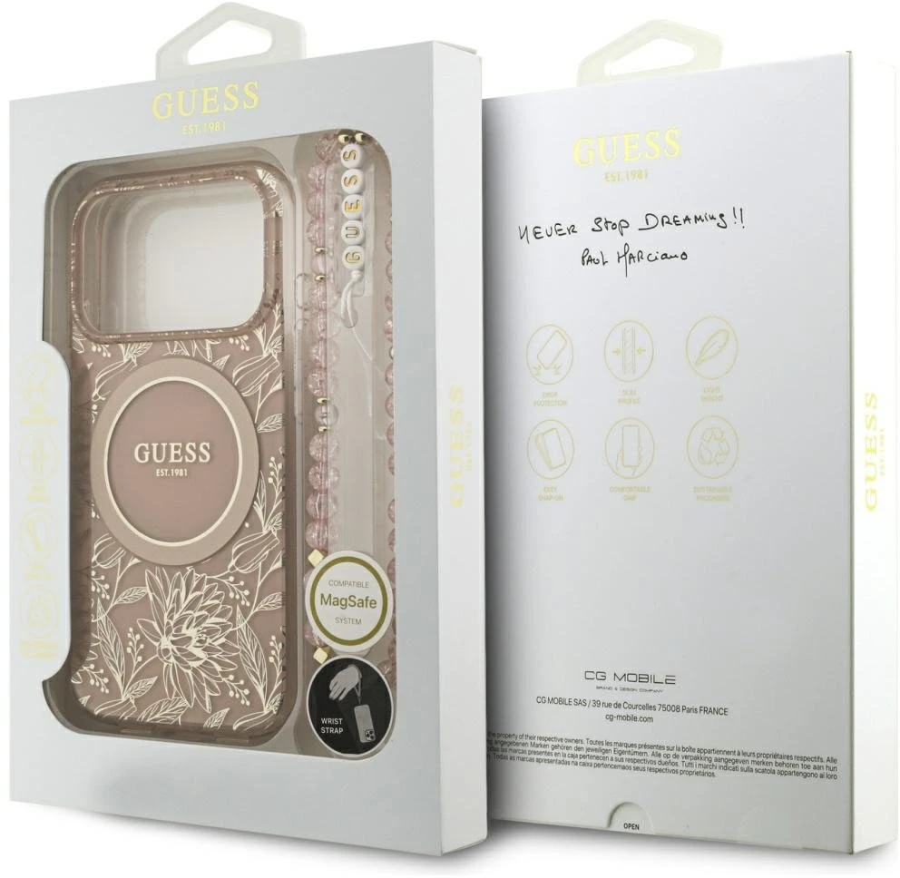 Guess IML Flowers Electro Pearl Strap MagSafe dėklas skirtas Apple iPhone 17 Pro rožinės spalvos