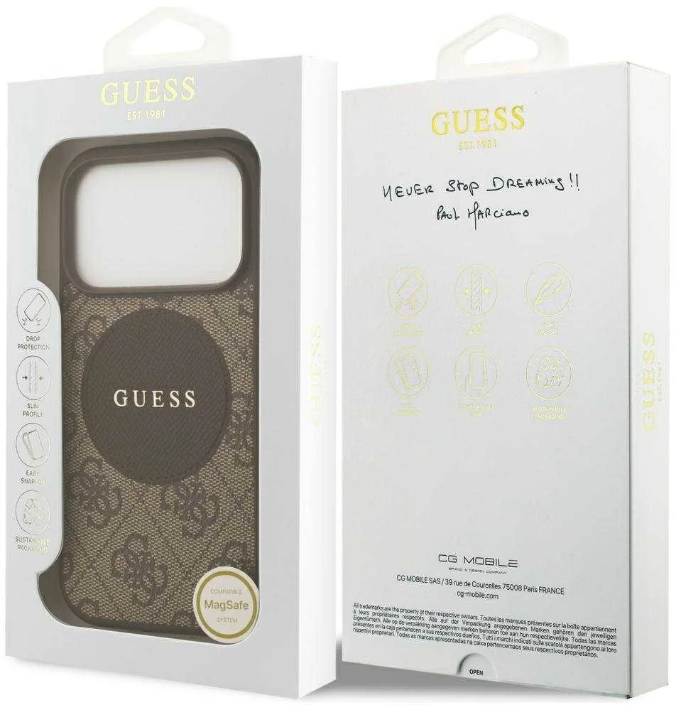 Original dėklas GUESS 4G Circle Classic Logo MagSafe skirtas Apple iPhone 17 Pro rudos spalvos