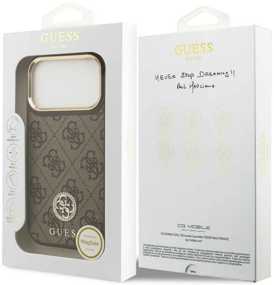 GUESS dėklas, skirtas IPHONE 17 Pro, suderinamas su MagSafe GUHMP17LP4GRMDEW (PU su 4G Strass logotipu), ruda