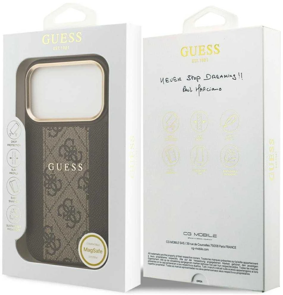 GUESS dėklas, skirtas IPHONE 17 Pro, suderinamas su MagSafe GUHMP17LPG4SEMCW (PU su 4G juostele), rudas