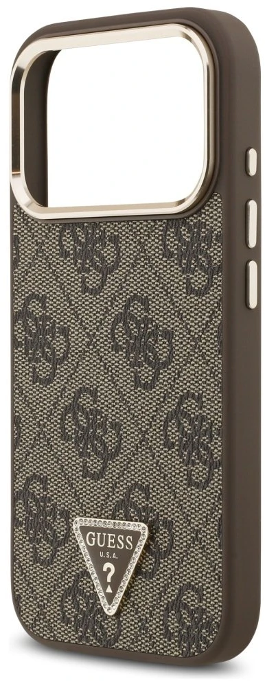 Guess PU Leather 4G Strass Triangle Logo Gold Frame MagSafe dėklas skirtas Apple iPhone 17 Pro rudos spalvos