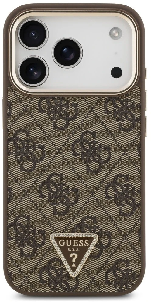 Guess PU Leather 4G Strass Triangle Logo Gold Frame MagSafe dėklas skirtas Apple iPhone 17 Pro rudos spalvos