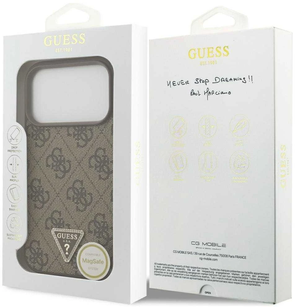 Original dėklas GUESS Leather 4G Triangle Strass MagSafe skirtas Apple iPhone 17 Pro rudos spalvos