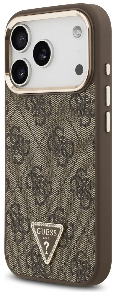 Guess PU Leather 4G Strass Triangle Logo Gold Frame MagSafe dėklas skirtas Apple iPhone 17 Pro rudos spalvos