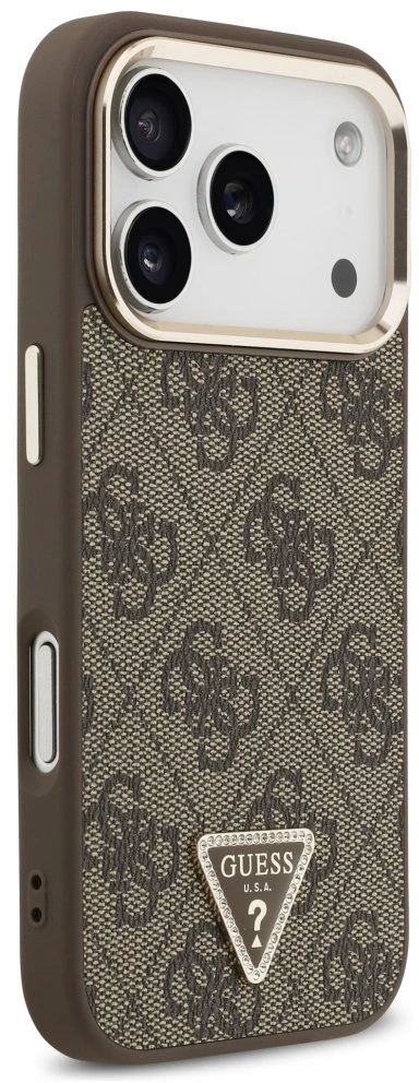 Guess PU Leather 4G Strass Triangle Logo Gold Frame MagSafe dėklas skirtas Apple iPhone 17 Pro rudos spalvos
