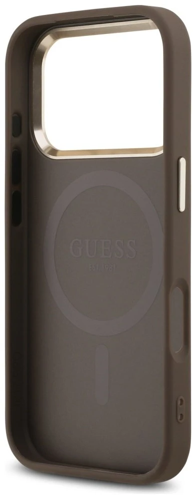 Guess PU Leather 4G Strass Triangle Logo Gold Frame MagSafe dėklas skirtas Apple iPhone 17 Pro rudos spalvos