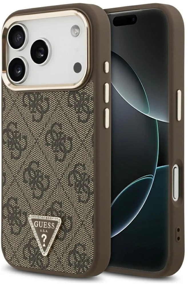 Guess PU Leather 4G Strass Triangle Logo Gold Frame MagSafe dėklas skirtas Apple iPhone 17 Pro rudos spalvos