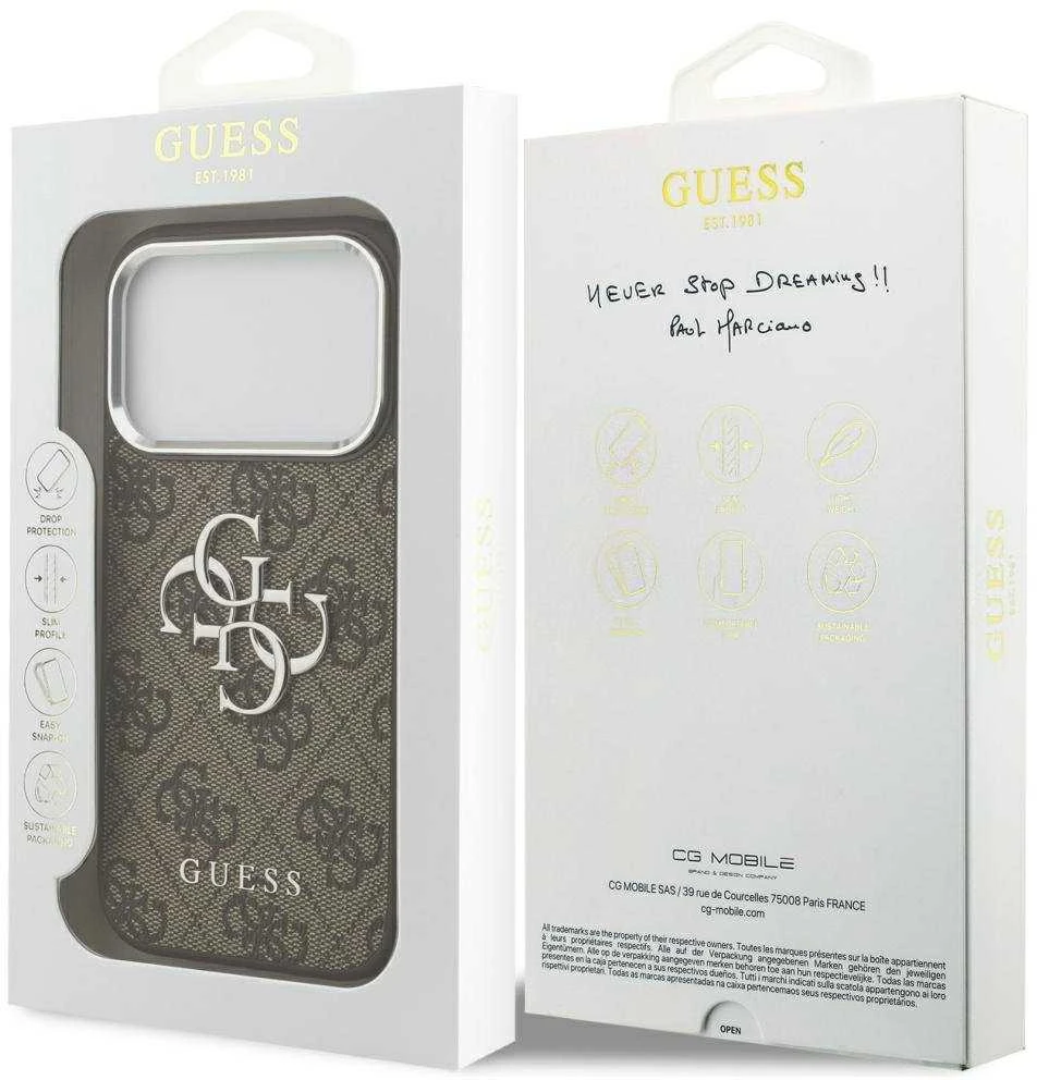 Dėklas Guess 4G Big 4G Classic Logo iPhone 17 Pro rudos spalvos sidabrinis