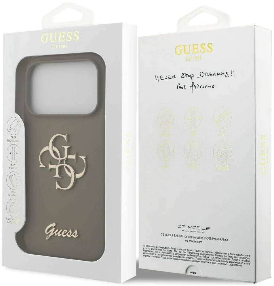 Guess Silicone Big 4G Script Dėklas iPhone 17 Pro rudos spalvos
