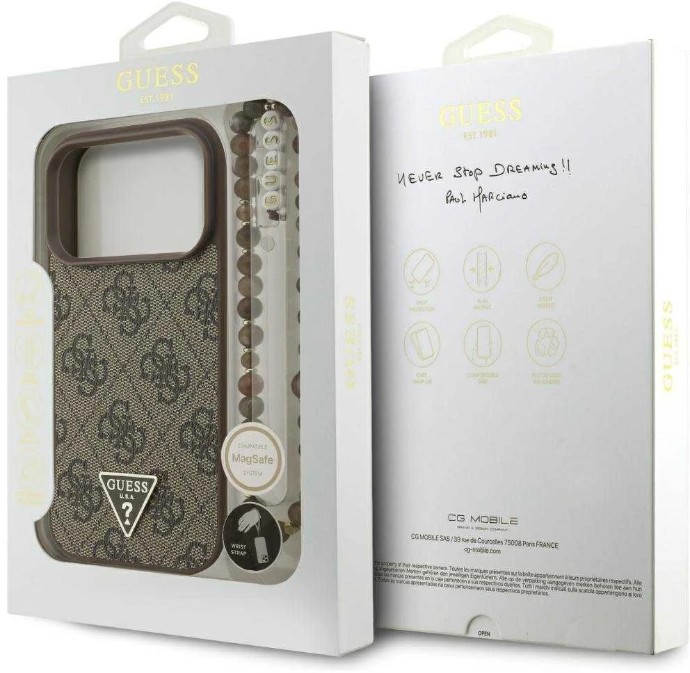 Original dėklas GUESS 4G Strap Triangle Logo MagSafe skirtas Apple iPhone 17 Pro rudos spalvos