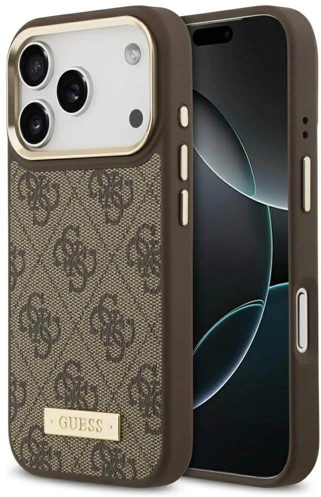 Guess 4G Logo Plate MagSafe dėklas Apple iPhone 17 Pro rudos spalvos