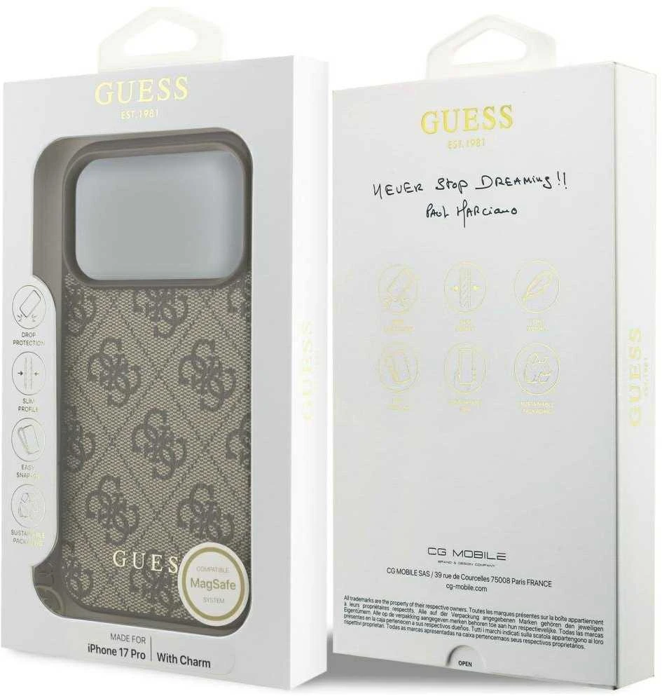 Guess 4G Charm dėklas skirtas Apple iPhone 17 Pro Tone on Tone rudos spalvos