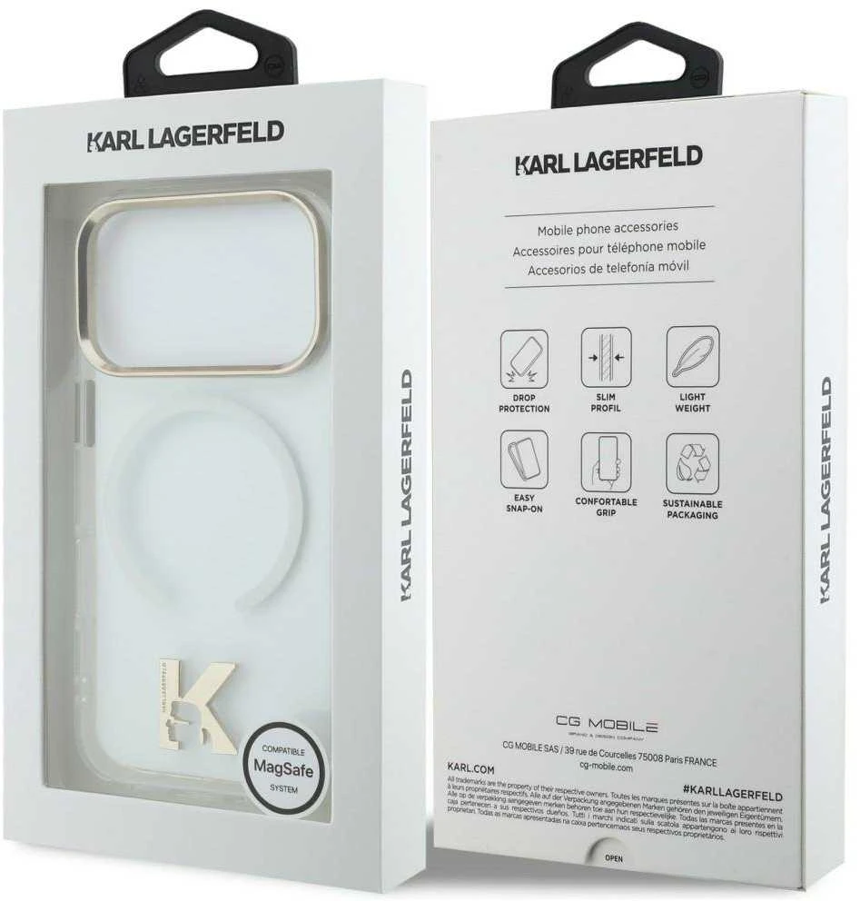 „Karl Lagerfeld IML K Head Logo MagSafe“ dėklas, skirtas „iPhone 17 Pro“ – skaidrus