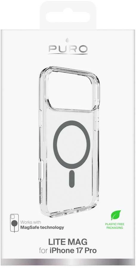 Puro „Lite Mag TPU+PC“ dėklas, suderinamas su „MagSafe“, skirtas „iPhone 17 Pro“ – skaidrus su pilku žiedu