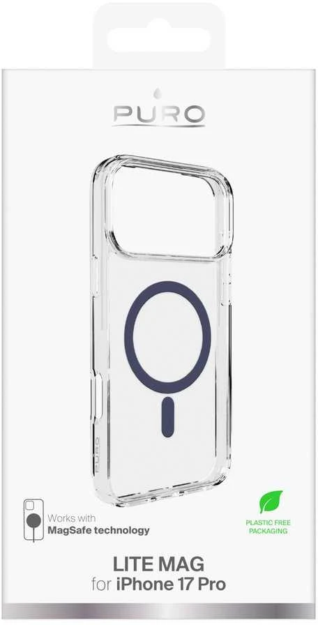 Puro „Lite Mag TPU + PC“ dėklas, suderinamas su „MagSafe“, skirtas „iPhone 17 Pro“ – skaidrus su „Mėlyna“ žiedu