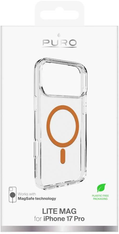 Puro Lite Mag TPU+PC dėklas suderinamas su MagSafe skirtas Apple iPhone 17 Pro – skaidrus su oranžinės spalvos žiedu