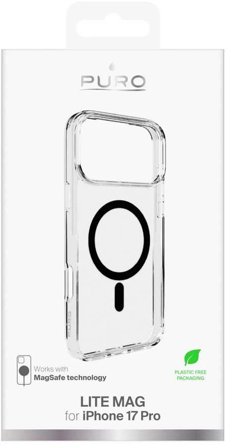 Puro Lite Mag TPU+PC dėklas suderinamas su MagSafe skirtas Apple iPhone 17 Pro – skaidrus su juodos spalvos žiedu