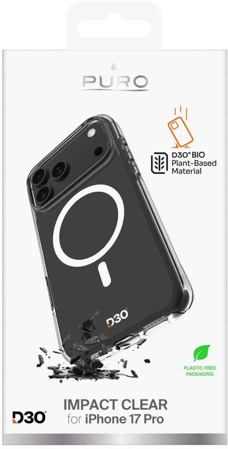 Puro Impact Clear D3O TPU+PC dėklas suderinamas su MagSafe skirtas Apple iPhone 17 Pro - skaidrus