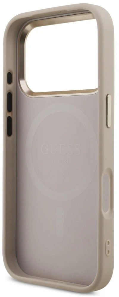 Guess PU Leather 4G Strass Triangle Logo Gold Frame MagSafe dėklas skirtas Apple iPhone 17 Pro rožinės spalvos