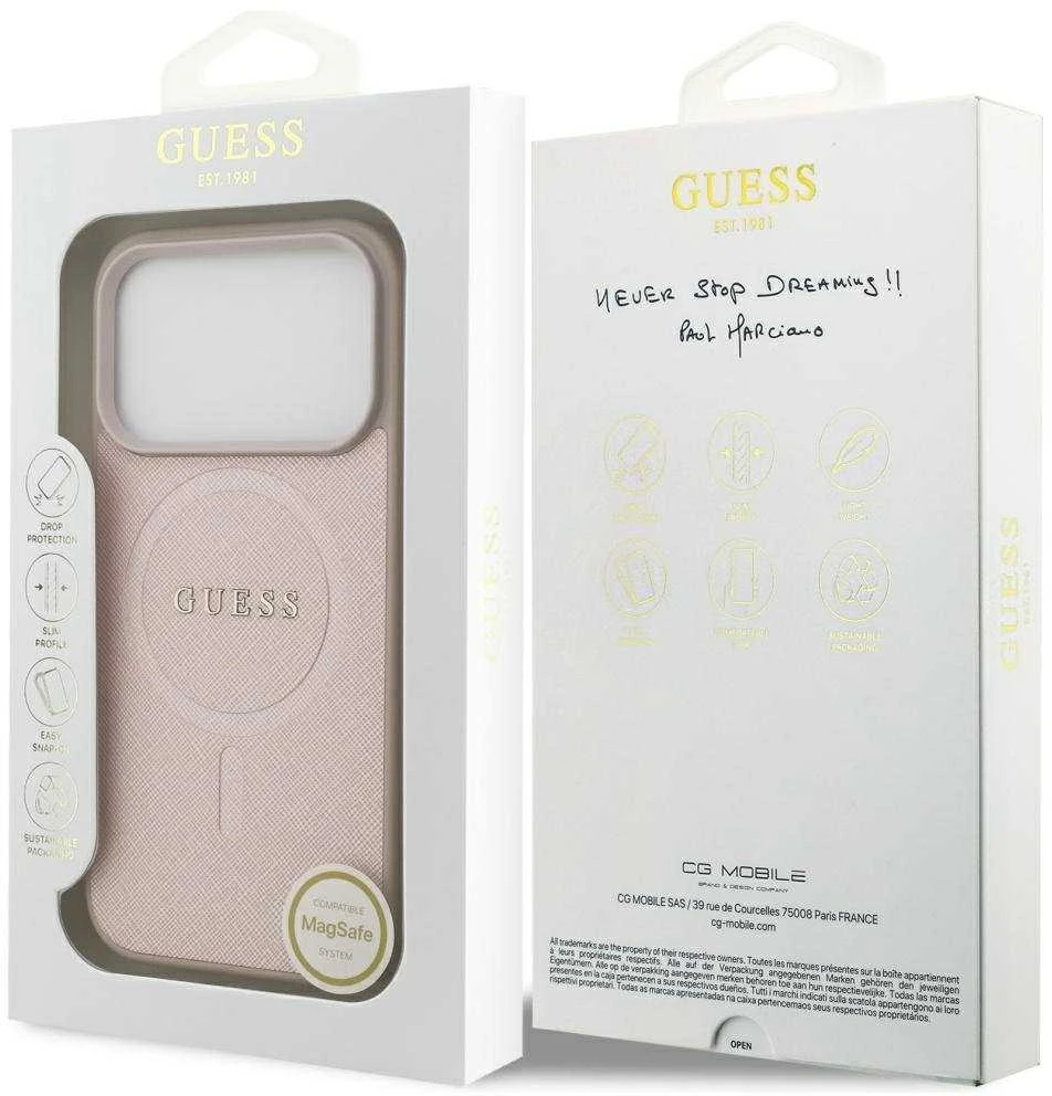 Guess Saffiano Classic Logo MagSafe dėklas skirtas Apple iPhone 17 Pro rožinės spalvos