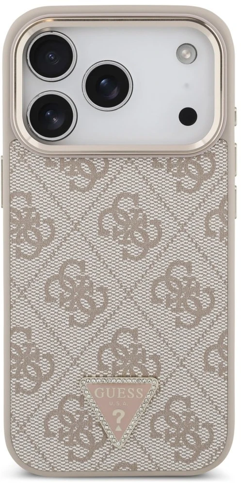 Guess PU Leather 4G Strass Triangle Logo Gold Frame MagSafe dėklas skirtas Apple iPhone 17 Pro rožinės spalvos