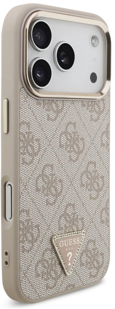Guess PU Leather 4G Strass Triangle Logo Gold Frame MagSafe dėklas skirtas Apple iPhone 17 Pro rožinės spalvos