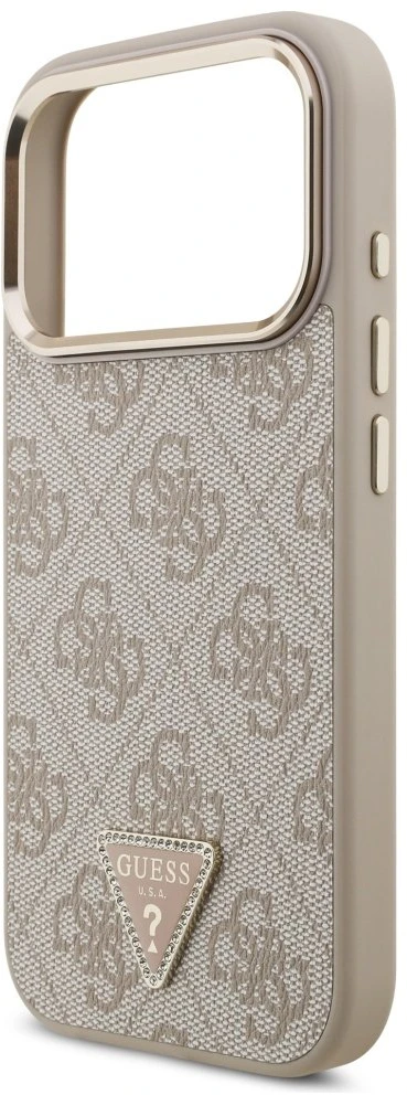 Guess PU Leather 4G Strass Triangle Logo Gold Frame MagSafe dėklas skirtas Apple iPhone 17 Pro rožinės spalvos