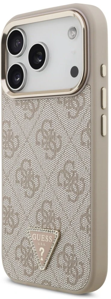 Guess PU Leather 4G Strass Triangle Logo Gold Frame MagSafe dėklas skirtas Apple iPhone 17 Pro rožinės spalvos