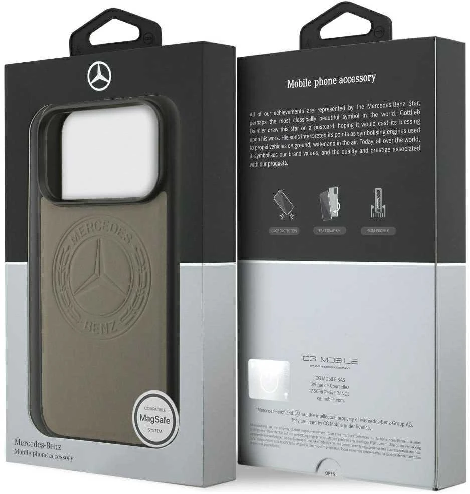 Dėklas Mercedes Leather Vintage Logo MagSafe Apple iPhone 17 Pro taupe