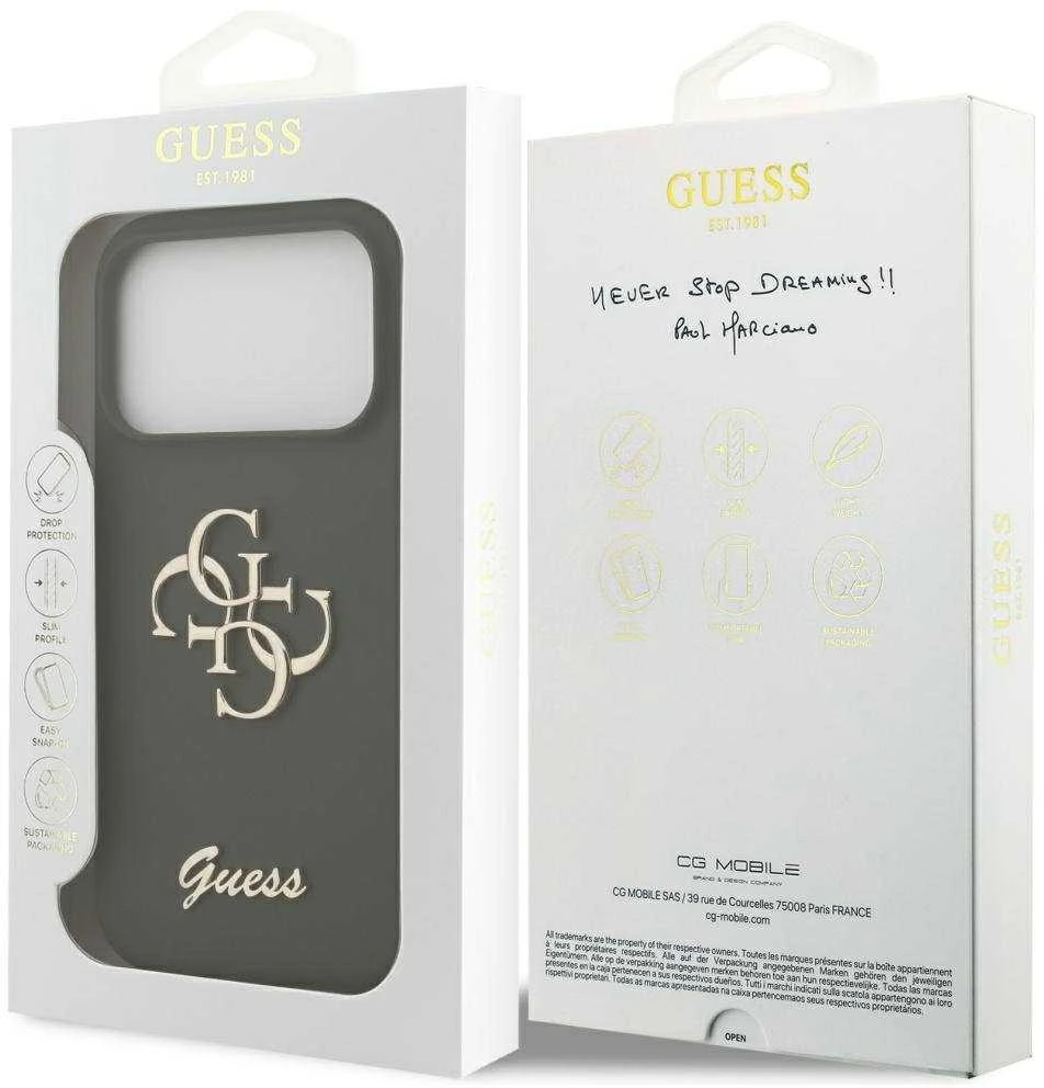 Guess Silicone Big 4G Script dėklas skirtas Apple iPhone 17 Pro khaki