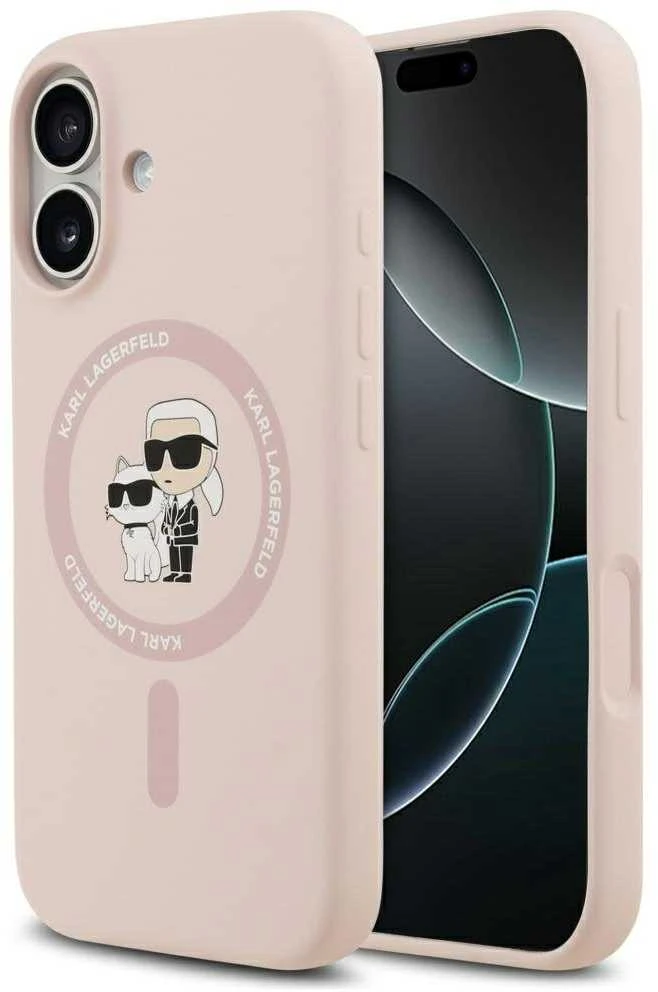 Dėklas Karl Lagerfeld Silicone Karl&Choupette Ring MagSafe skirtas Apple iPhone 17 rožinės spalvos