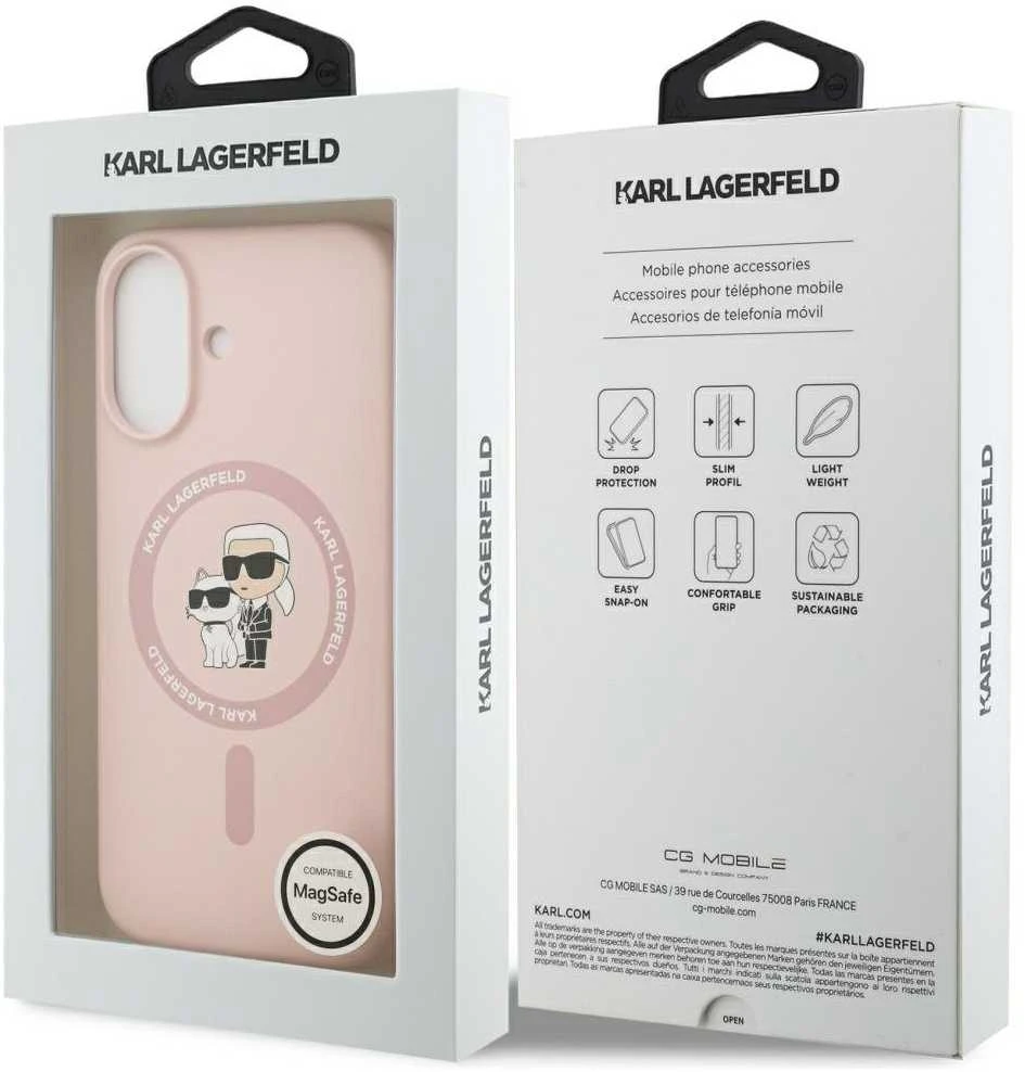 Dėklas Karl Lagerfeld Silicone Karl&Choupette Ring MagSafe skirtas Apple iPhone 17 rožinės spalvos