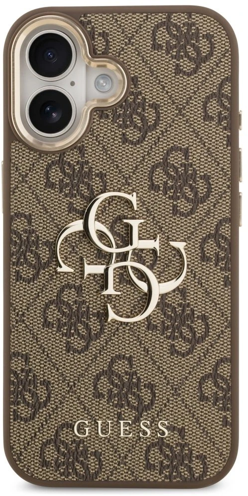 Guess PU Leather 4G Metal Logo Gold Frame dėklas skirtas Apple iPhone 17 rudos spalvos
