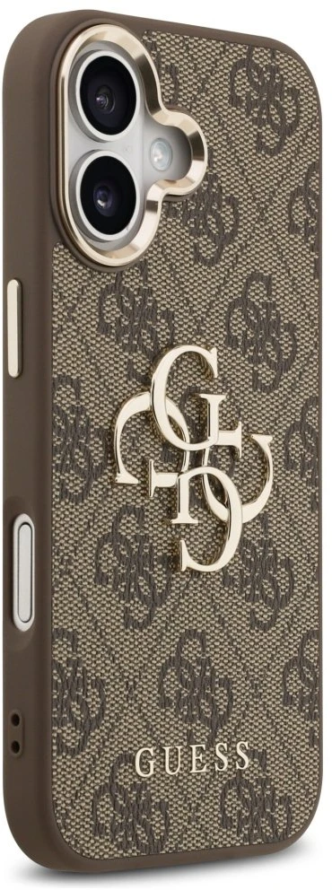 Guess PU Leather 4G Metal Logo Gold Frame dėklas skirtas Apple iPhone 17 rudos spalvos