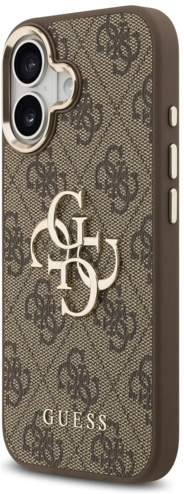 Guess PU Leather 4G Metal Logo Gold Frame dėklas skirtas Apple iPhone 17 rudos spalvos