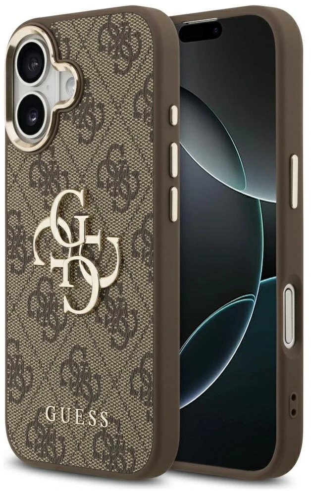 Guess PU Leather 4G Metal Logo Gold Frame dėklas skirtas Apple iPhone 17 rudos spalvos