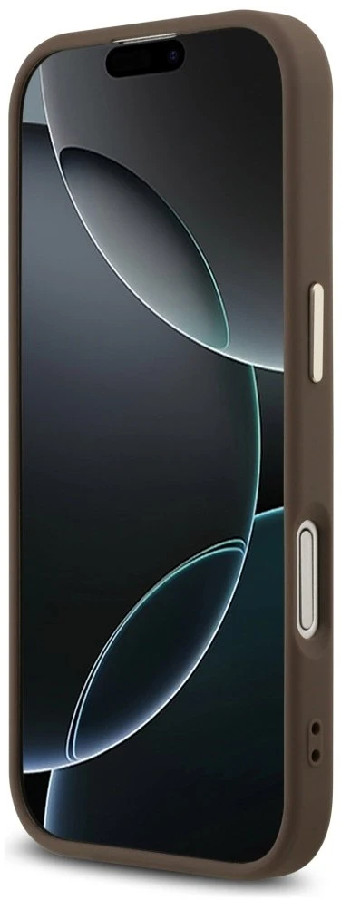 Guess PU Leather 4G Metal Logo Gold Frame dėklas skirtas Apple iPhone 17 rudos spalvos