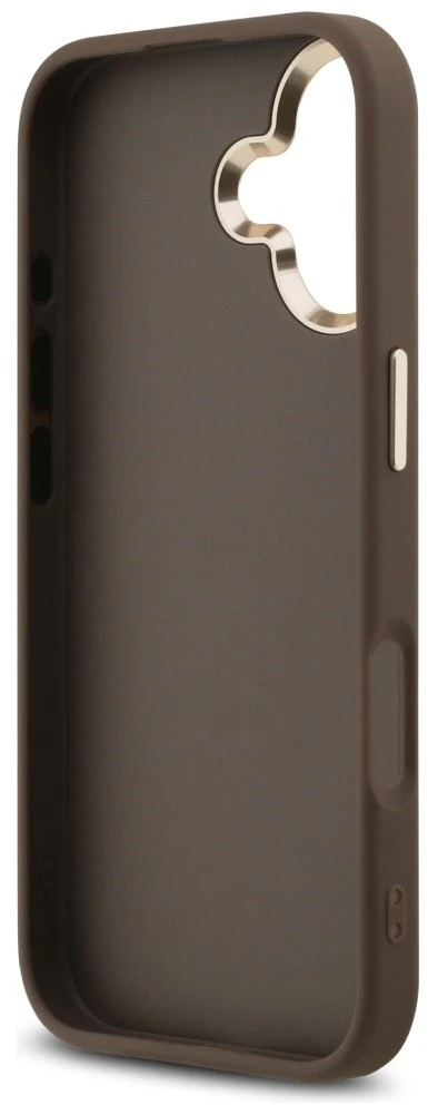 Guess PU Leather 4G Metal Logo Gold Frame dėklas skirtas Apple iPhone 17 rudos spalvos
