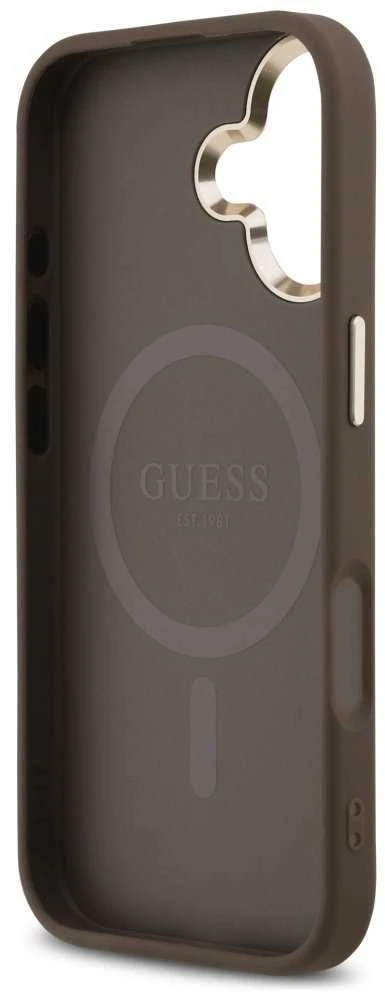 Guess PU Leather 4G Triangle Logo Gold Frame MagSafe dėklas skirtas Apple iPhone 17 rudos spalvos
