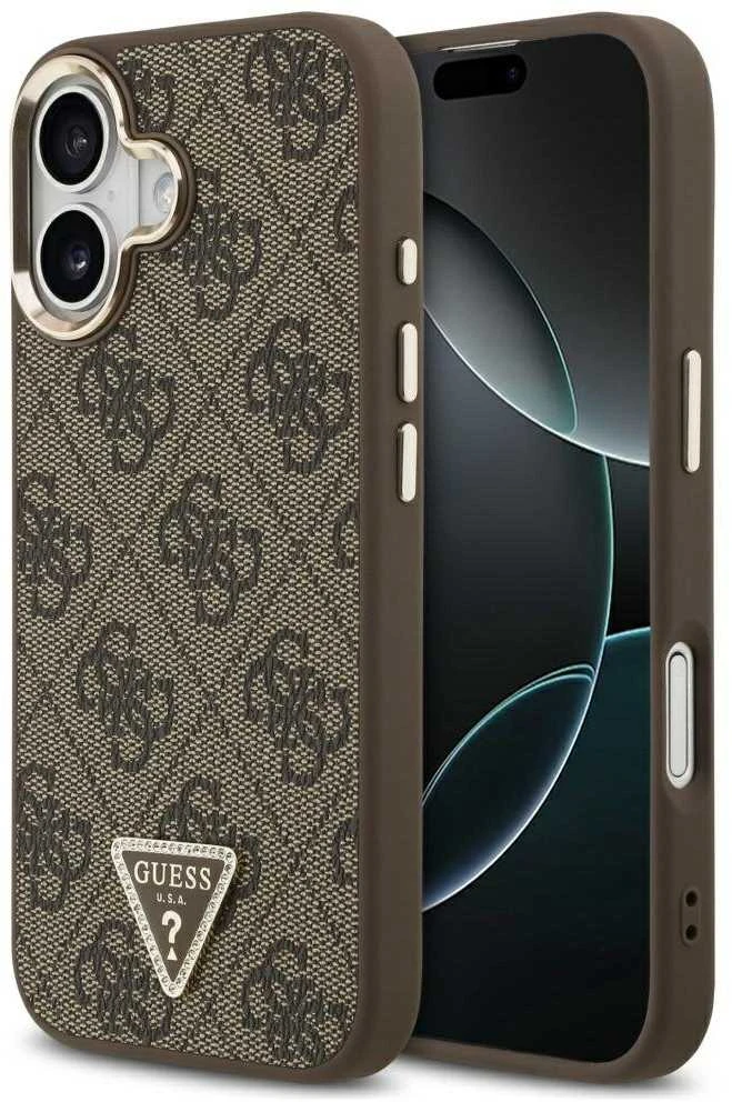 Guess PU Leather 4G Triangle Logo Gold Frame MagSafe dėklas skirtas Apple iPhone 17 rudos spalvos