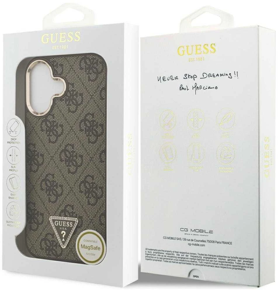 Guess PU Leather 4G Triangle Logo Gold Frame MagSafe dėklas skirtas Apple iPhone 17 rudos spalvos