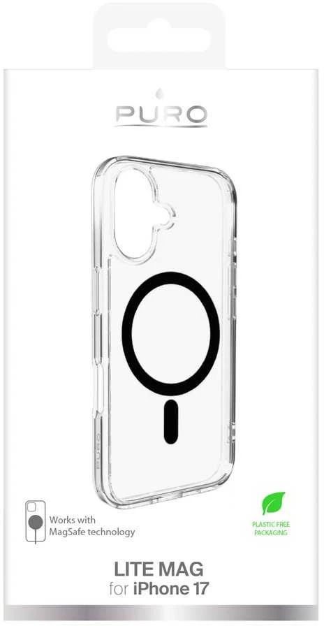 Puro Lite Mag TPU+PC dėklas suderinamas su MagSafe skirtas Apple iPhone 17 – skaidrus su juodos spalvos žiedu